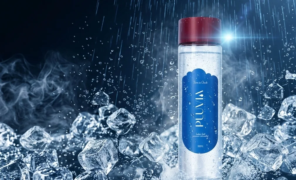 A bottle of Pluvia still rainwater standing in ice, rain falling behind it