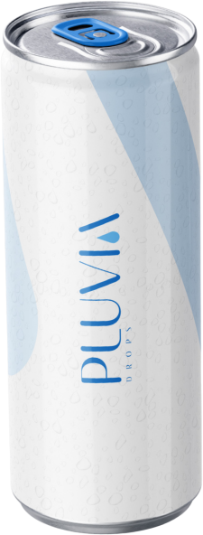 A 500 ml slim can of Pluvia sparkling rainwater
